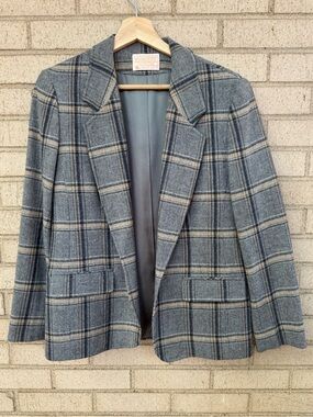 Vintage Pendleton Plaid Blazer Jacket Gray Tan Windowpane Check USA Size 10